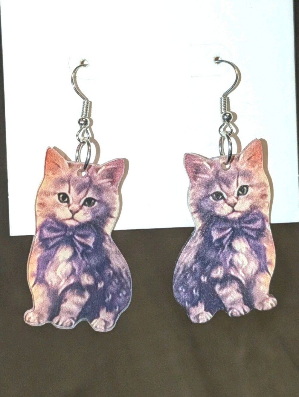 Hand Crafted Purple and Pink Cat Portrait Drop Earrings
